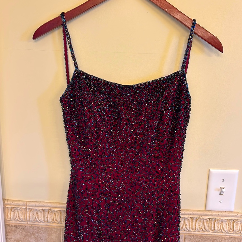 Elegant formal beaded burgundy long dress
